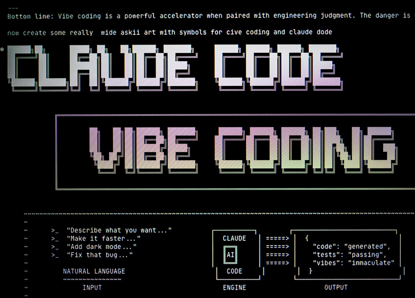 Digital art with text "claude code" and "vibe coding"